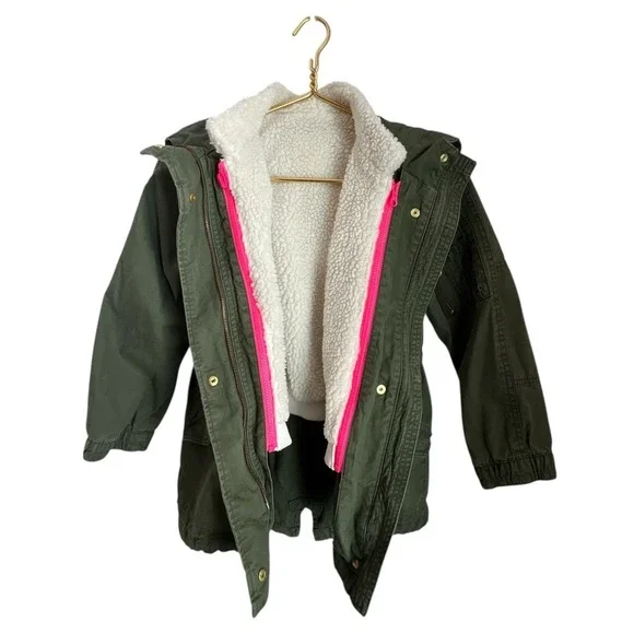 Gap Kids Army Green Utility Jacket Medium Faux Fur Lined Hood Coat Removal Vest - Picture 3 of 12